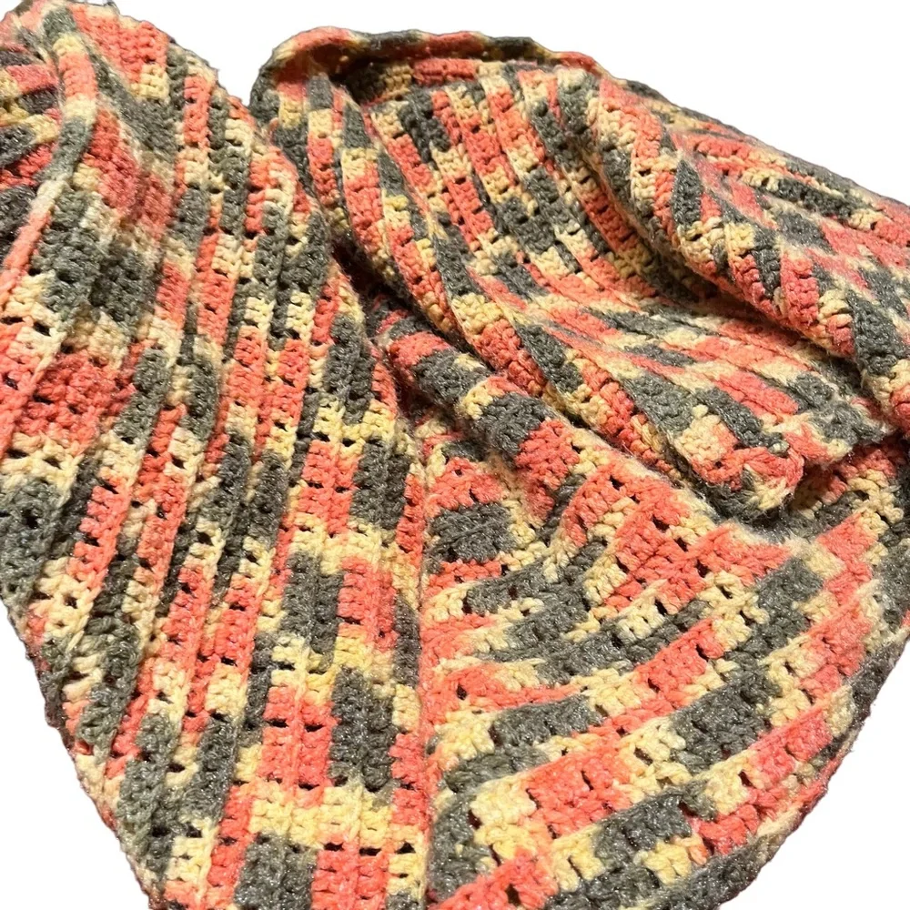 Vintage ca 70s Handmade Orange, Green, and Yellow Crocheted Afghan Blanket